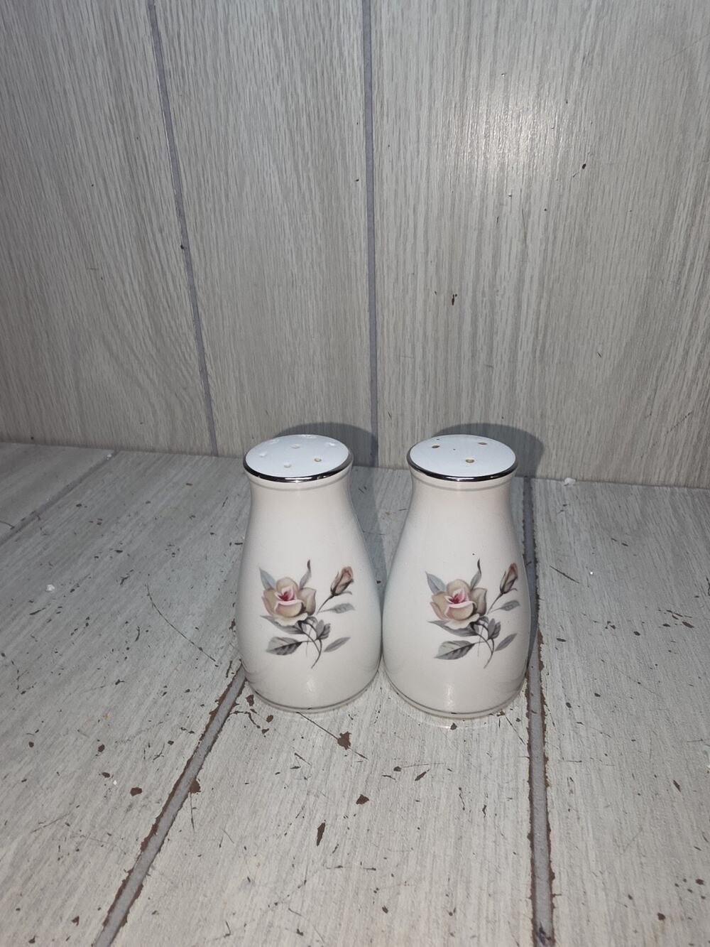 Vtg Noritake Margot Salt and Pepper Set Pink Gray Roses Japan Cottagecore